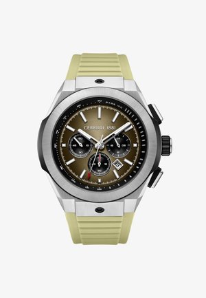 Chronografické hodinky Cerruti 1881 s kovově hnědým ciferníkem, třemi subciferníky, okénkem pro datum, stříbrnými indexy a béžovým silikonovým páskem.