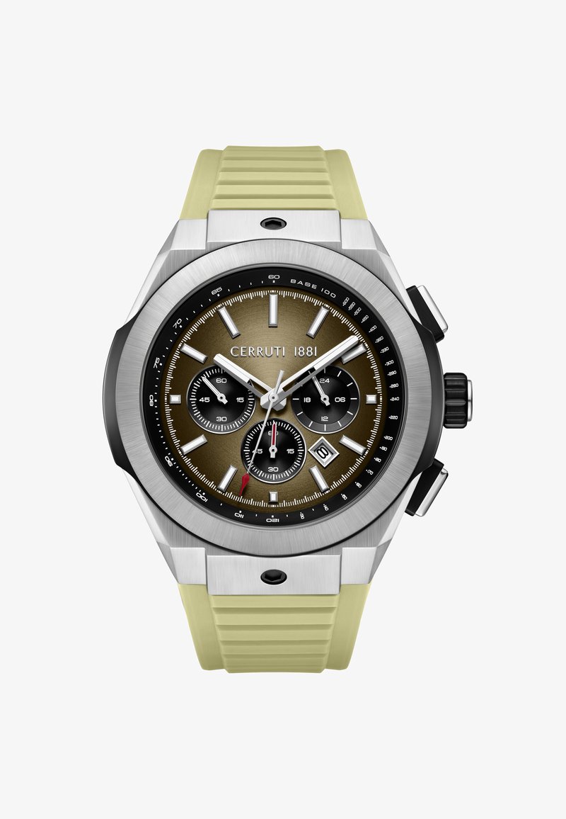 Montre chronographe Cerruti 1881 avec cadran métallique marron, trois sous-cadrans, fenêtre de date, index argentés et bracelet en silicone beige.