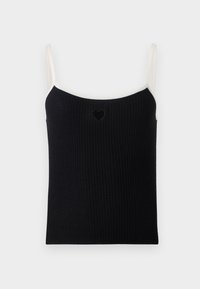 Svart ribbet tank topp med tynne kremfargede stropper og liten hjerteutskjæring foran. Myk tekstur, tettsittende design og minimalistisk stil.