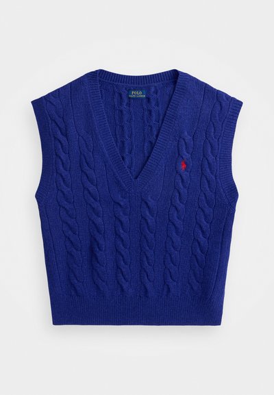 Blue knit sleeveless vest featuring a V-neck, cable pattern, ribbed edges, and a small red embroidered logo on the chest.