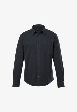 Camicia blu navy scura con bottoni realizzata in tessuto testurizzato, caratterizzata da un colletto classico, maniche lunghe e una singola tasca sul petto con chiusura a bottone.