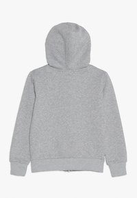 Grijze hoodie met lange mouwen, ribgebreide manchetten en zoom, zacht materiaal, enkele grote capuchon, en geen zichtbare graphics of versieringen.