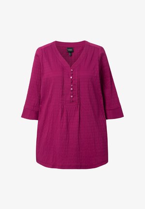 Fuchsia-Shirt mit V-Ausschnitt, Drei-Viertel-Ärmeln und einer Knopfleiste mit sieben Knöpfen. Strukturierter Stoff mit horizontalen Streifen.