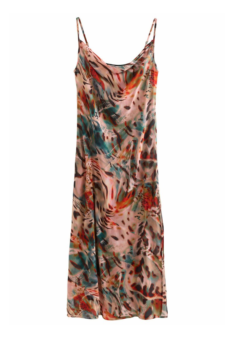 Robe en satin à fines bretelles, ornée d'un motif abstrait coloré en corail, turquoise et noir sur un fond rose clair.