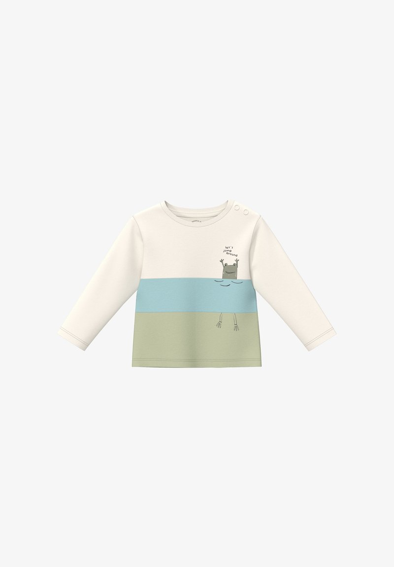 T-shirt à manches longues pour tout-petit avec des blocs de couleurs crème, bleu et vert, présentant un graphique de grenouille souriante et le texte « sautons un peu ».