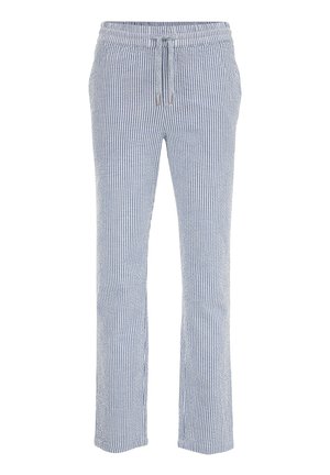 Męskie casualowe spodnie z pionowymi niebiesko-białymi paskami, elastycznym paskiem w talii i sznurkiem do wiązania z przodu.
