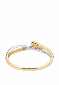 Kuld- ja hõbedast käevõru, millel on sile, kõverdisain koos tekstureeritud osadega, sisaldades peeneid detaile ja turvalist klappi.