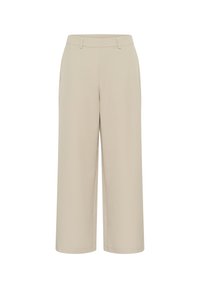 Pantalons larges beiges en tissu lisse, avec une taille plate, des poches latérales et une coupe décontractée avec un ourlet propre.