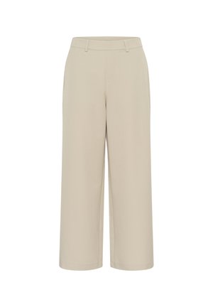 Kreminės spalvos platėjančios kelnės, pagamintos iš lygaus audinio, su plokščiu juosmeniu, šoniniais kišenėmis ir laisvu kirpimu su tvarkingu apvadu.