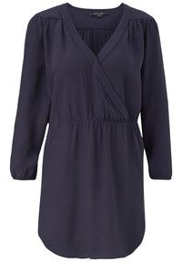 Mörkblå omslagklänning i lätt tyg, med djup V-ringning, långa puffärmar och resårmidja för en bekväm passform.