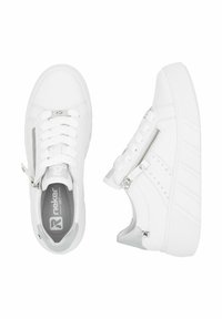White sneakers featuring a leather upper, lace-up front, side zipper, flat heel, and studded accents for added detail. Double texture variations.
