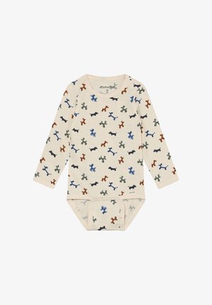 Body à manches longues en tissu crème, avec des imprimés d'animaux en ballons colorés en bleu, vert et marron. Fermeture par pression en bas.