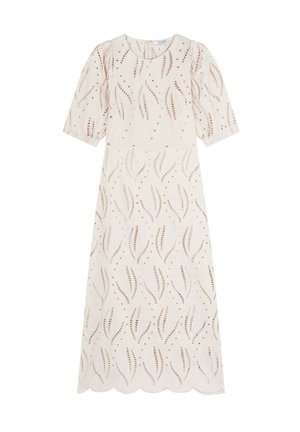 Kremowa sukienka midi z bufiastymi rękawami, okrągłym dekoltem, falowanym dołem i abstrakcyjnym wzorem wycięć na całej powierzchni.