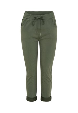 Grønne, letvægtsbukser med snøre i livet, to sidelommer og opsmøgede cuffs. Glat tekstur og afslappet pasform.