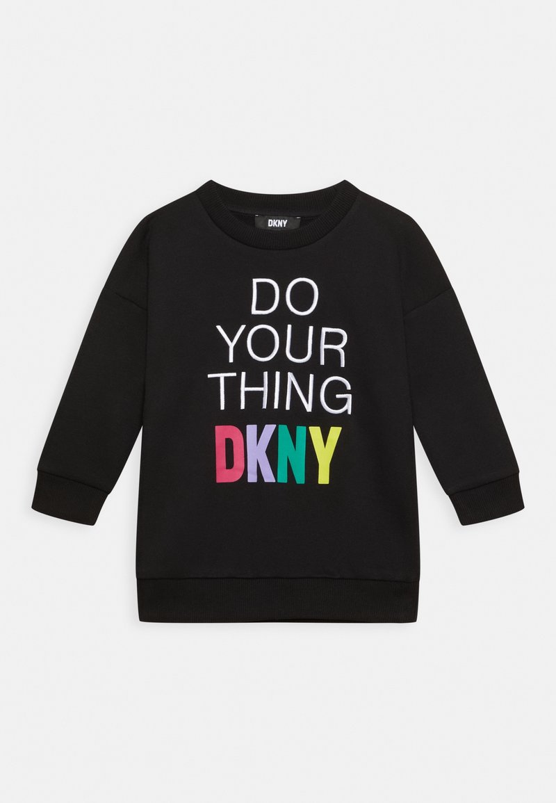 Sweat-shirt noir à manches longues avec texte blanc « DO YOUR THING » et logo coloré « DKNY » à l'avant sur un fond uni.