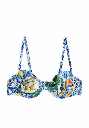Bikini-Oberteil in blauem, weißem und grünem Blumenmuster mit Zitronen- und Fischmotiven. Verfügt über verstellbare Träger und geraffte Details.