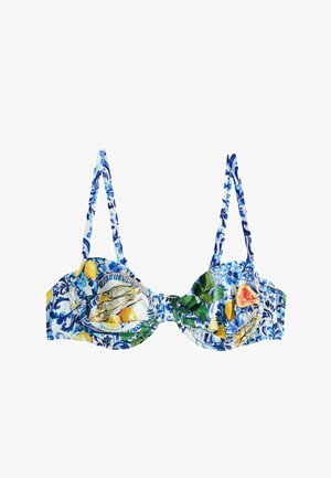 Bikini-Oberteil in blauem, weißem und grünem Blumenmuster mit Zitronen- und Fischmotiven. Verfügt über verstellbare Träger und geraffte Details.