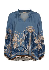 Blå bluse med blomstermønstre i beige og marineblå. Den har V-udskæring, rynket halsudskæring og elastiske manchetter samt en mønstret kant.