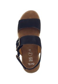 Tmavě modré sandály se dvěma širokými pásky a akcentem v podobě přezky, s měkkou béžovou vložkou a označené nápisem "High Soft" uvnitř. Velikost 38.