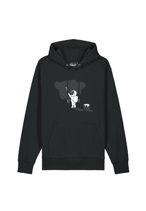 Black hoodie with a white astronaut painting a starry night sky using a roller brush and paint bucket on the front.