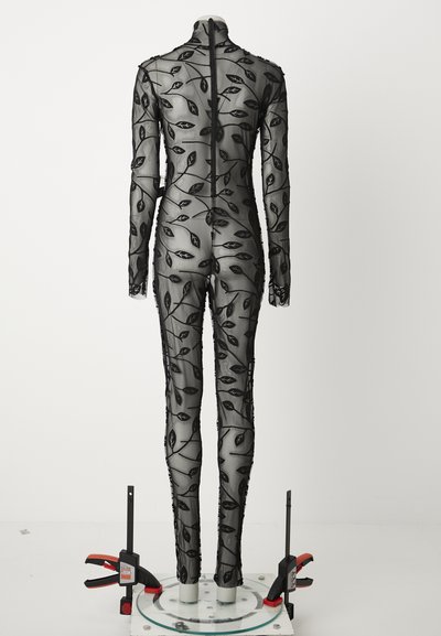 Black sheer bodysuit featuring a leaf pattern, high neckline, and long sleeves; has a zipper at the back and textured embellishments.