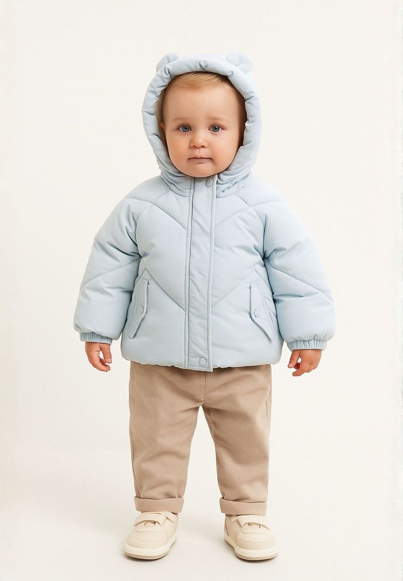 Világoskék párnázott dzseki medvefülekkel, cipzárral és két oldalsó zsebbel, bézs nadrággal és világos sportcipőkkel párosítva.