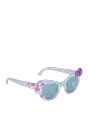 Lunettes de soleil pour enfants avec des montures translucides lavande, des verres turquoise, et un motif décoré de sirènes, de coquillages et d'étoiles de mer.