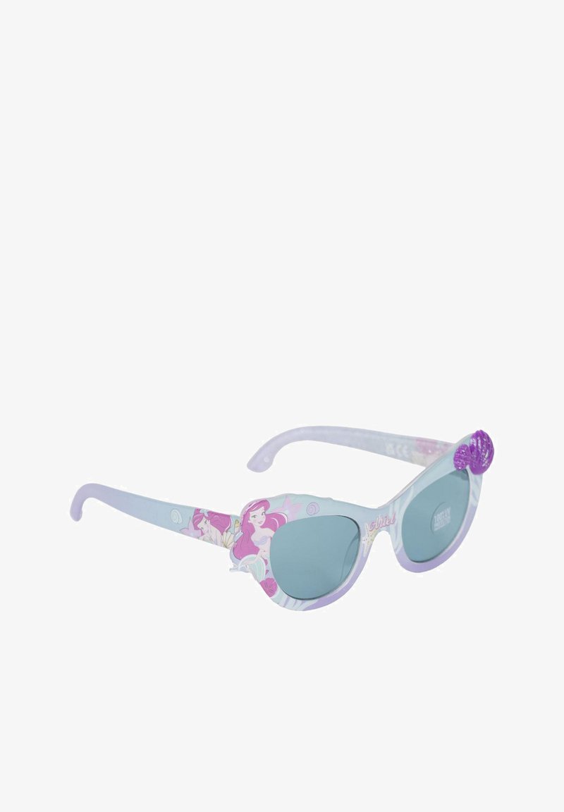 Child-sized sunglasses with translucent lavender frames, teal lenses, and a pattern featuring mermaids, seashells, and starfish accents.