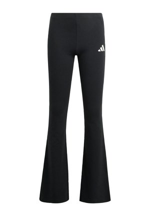 Pantalon de sport noir évasé avec un logo Adidas blanc sur la cuisse supérieure gauche, conçu pour le sport ou une tenue décontractée.
