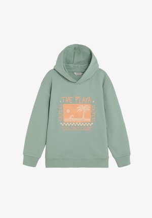 Sudadera con capucha verde claro con un gráfico en durazno de una escena de playa, una palmera y el texto "THE PLAYA" y "SCALPERS" en el frente.