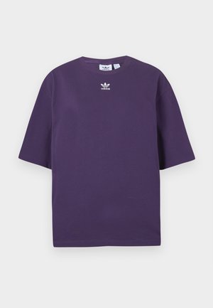 Fialové bavlnené tričko s krátkymi rukávmi, kulatým výstrihom a vyšitým bielym logom Adidas na hrudi. Jednoduchý dizajn, žiadne vzory.