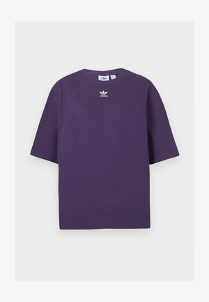 T-shirt de algodão roxo com mangas curtas, decote redondo e logótipo da Adidas bordado em branco no peito. Design simples, sem padrões.