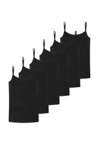Sorte toppe med tynde stropper, ensartet form og design. Stoffet fremstår blødt med en glat tekstur. Sættet inkluderer syv identiske stykker.