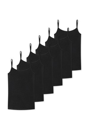 Schwarze Spaghetti-Top mit dünnen Trägern, einheitlicher Form und Design. Der Stoff sieht weich aus und hat eine glatte Textur. Das Set umfasst sieben identische Teile.
