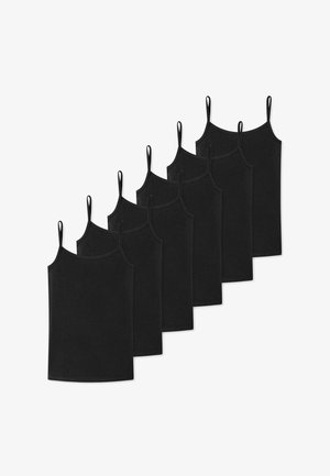 Black camisoles with thin straps, uniform shape and design. Fabric appears soft with a smooth texture. Set includes seven identical pieces.