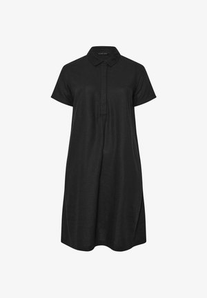 Abito polo nero a maniche corte con colletto e abbottonatura parziale, vestibilità dritta, lunghezza al ginocchio, realizzato in tessuto morbido.