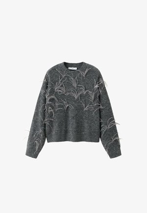 Maglione grigio a maglia con design cropped, colletto rotondo e dettagli testurizzati che ricordano piume sparse sul tessuto.