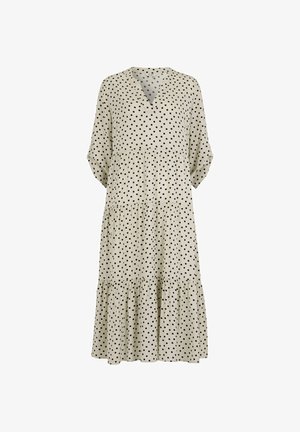 Beiges Midikleid mit schwarzen Polka-Dots, V-Ausschnitt, Dreiviertelärmeln und gestuftem, gerafftem Rock.