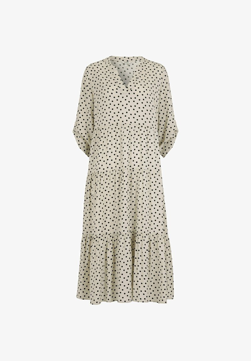 Beige middellange jurk met zwarte polkadots, V-hals, driekwart mouwen en een geplooide, getrapte rok.