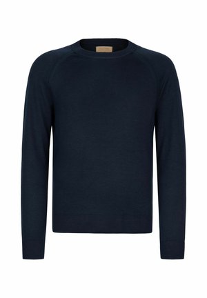 Pull bleu marine à manches longues, col rond, avec poignets et ourlet côtelés, en tissu fin tricoté.