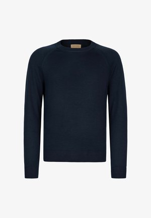 Navyblauwe trui met lange mouwen en ronde hals, met geribde boorden en zoom, gemaakt van fijne gebreide stof.