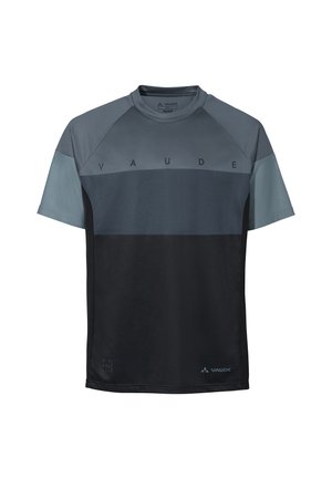 Herren-T-Shirt mit kurzen Ärmeln in Grautönen und Schwarz, mit einem strukturierten Muster, rundem Ausschnitt und dem Markennamen „VAUDE“ auf der Vorderseite gedruckt.