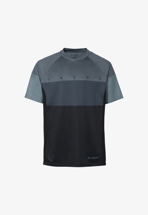 Herren-T-Shirt mit kurzen Ärmeln in Grautönen und Schwarz, mit einem strukturierten Muster, rundem Ausschnitt und dem Markennamen „VAUDE“ auf der Vorderseite gedruckt.