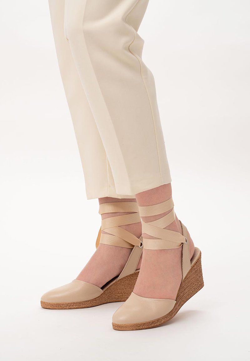 Beżowe sandały na koturnie z teksturowaną jucie, z krzyżującymi się paskami owijającymi kostkę. Górna część z gładkiej skóry i okrągły kształt palców.