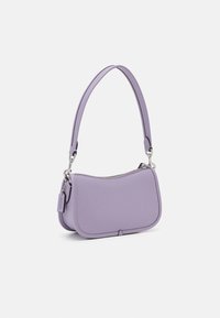 Lavender leather handbag with a curved design, zip closure, and adjustable shoulder strap. Features silver hardware and a small tag detail.