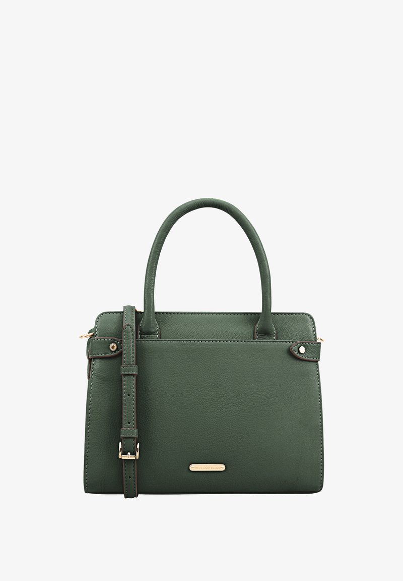 Sac à main en cuir vert avec deux poignées supérieures et une bandoulière amovible. Il présente des accessoires en ton doré et une finition texturée.