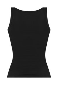 Schwarzes Tanktop, taillierte Passform mit Rundhalsausschnitt und breiten Schulterträgern. Glatte Textur, nahtlose Verarbeitung, keine Muster oder Akzente.