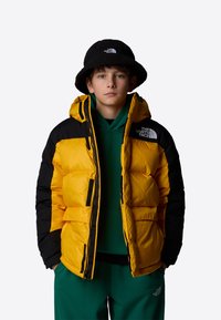 Giacca a vento gialla e nera con cappuccio, dotata di chiusura con zip e grandi sezioni trapuntate. Indossata sopra una felpa verde e pantaloni della tuta.