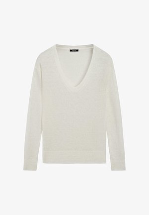 Ecru sweter z długim rękawem, dzianinowy, z dekoltem w serek oraz ściągaczami przy mankietach i na dole, ułożony płasko na białym tle.