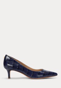 Navy blue, patent leather high heel shoe with a pointed toe and a small, slim heel. Features a quilted texture and no visible hardware accents.